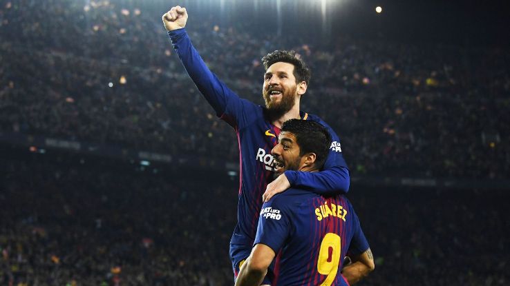 Lionel Messi celebrates after scoring against Barcelona.