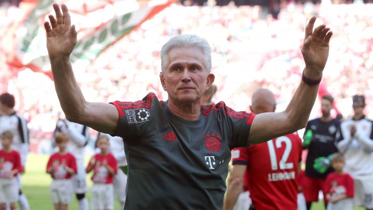 Jupp Heynckes, coach of Bayern Munich, shows appreciation to the fans prior to his final game