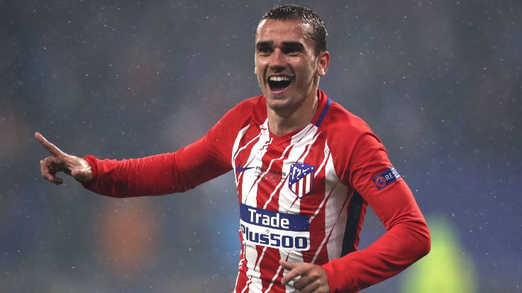 Antoine Griezmann celebrates after scoring in the Europa League final for Atletico Madrid vs. Marseille.