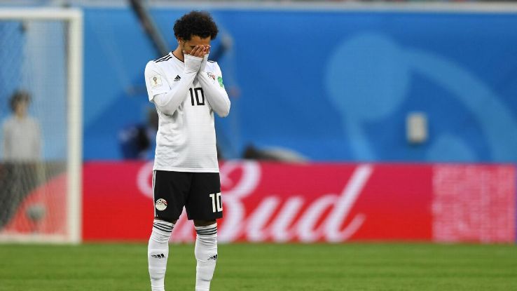 Mohamed Salah reacts after Egypt lost its second group-stage match at the World Cup.