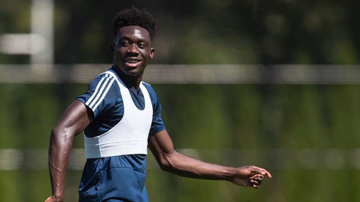 Alphonso Davies looks on during Vancouver Whitecaps training.