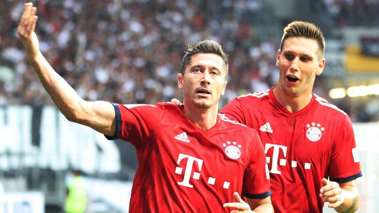 Bayern Munich's Robert Lewandowski celebrates his second of three goals vs. Frankfurt.