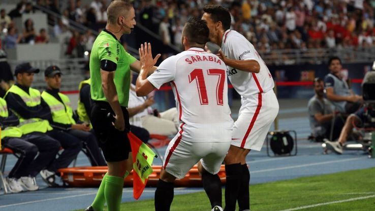 Sarabia, centre, will be remembered as the player to score the first VAR goal in Spanish football.