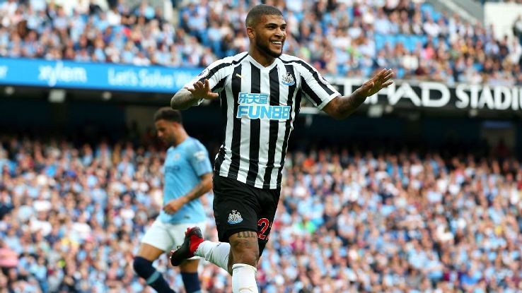 DeAndre Yedlin celebrates after scoring in Newcastle's Premier League match at Manchester City.