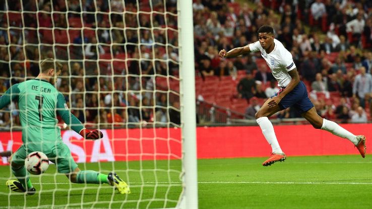 Marcus Rashford scored his first goal of the 2018-19 season in England's match against Spain