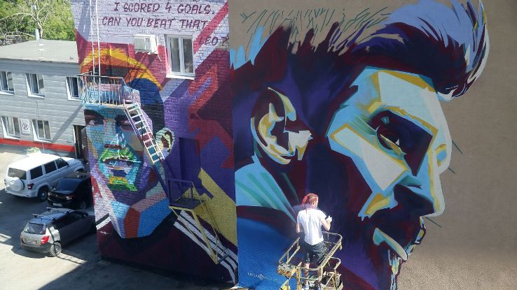 Cristiano Ronaldo and Lionel Messi murals in Kazan, Russia