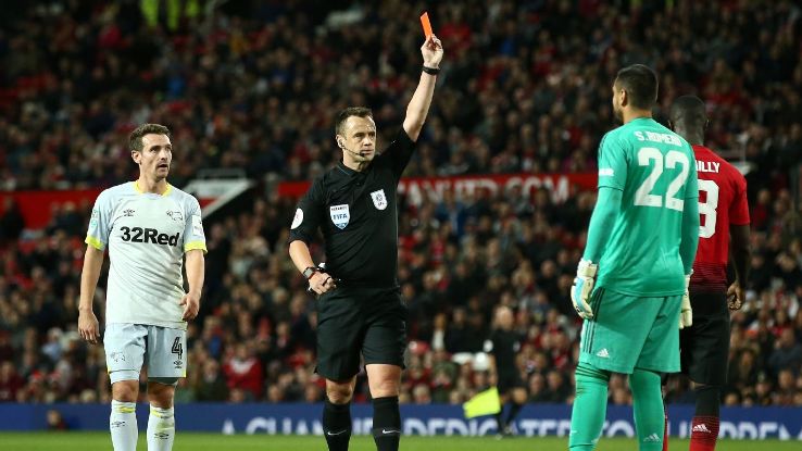 Sergio Romero saw a straight red for handling the ball outside of his area against Derby County.