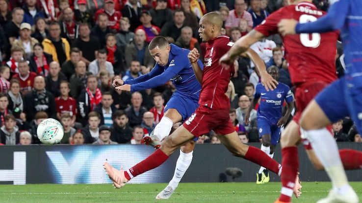 Eden Hazard's individual goal claimed a win for Chelsea at Liverpool in the Carabao Cup