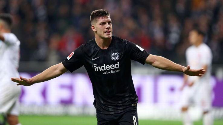 Eintracht Frankfurt's Luka Jovic celebrates after scoring one of his five goals against Dusseldorf.