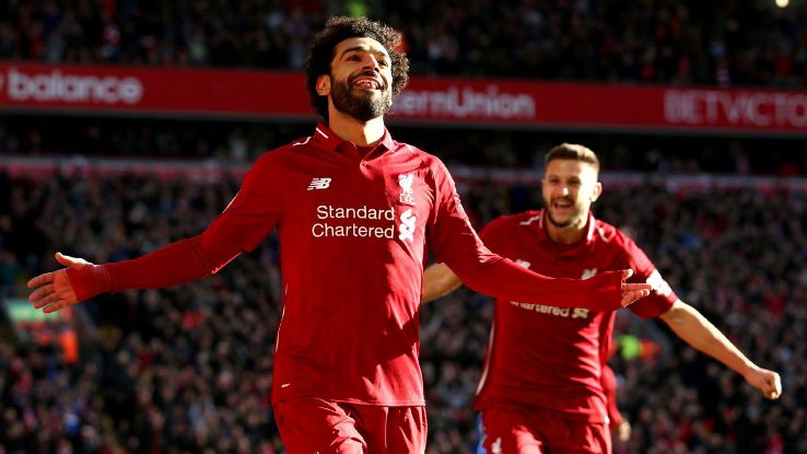 Mohamed Salah celebrates after scoring for Liverpool in their Premier League game vs. Cardiff.
