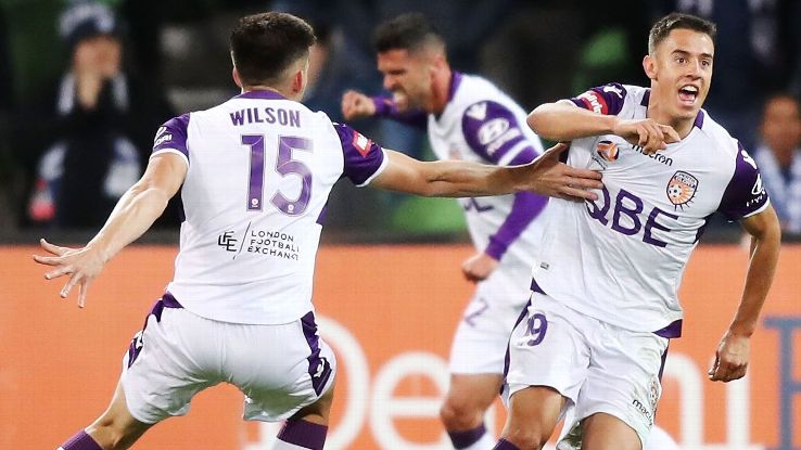 Chris Ikonomidis of Perth Glory celebrates a goal during the round two A-League match against Melbourne Victory.
