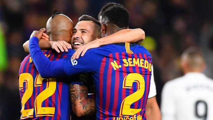 Alba, centre, was also instrumental as Barcelona thrashed Real Madrid to go back to the top of La Liga.