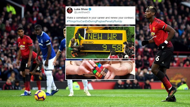 Paul Pogba's run-up for his penalty against Everton prompted some online goading from Luke Shaw