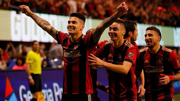 Franco Escobar celebrates after scoring in Atlanta United's MLS Cup playoff win over the New York Red Bulls.