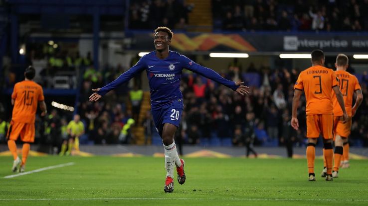 Callum Hudson-Odoi of Chelsea celebrates after scoring his team's third goal against PAOK.