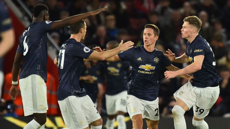 Ander Herrera, centre, celebrates after scoring in Manchester United's Premier League match at Southampton.