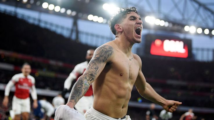 Lucas Torreira of Arsenal celebrates after scoring his team's fourth goal