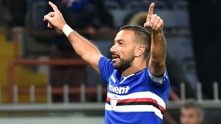 Fabio Quagliarella celebrates after scoring in Sampdoria's Serie A win over Bologna.