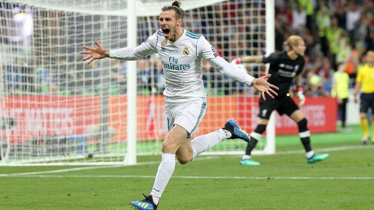 Real Madrid forward Gareth Bale celebrates after scoring against Liverpool in the Champions League final 