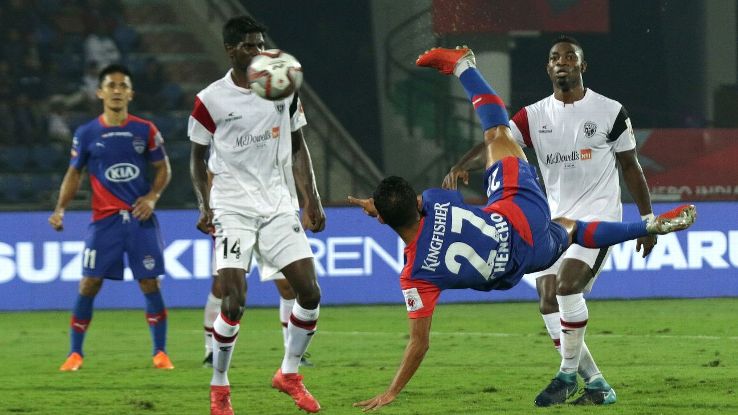 Chencho Gyeltshen scores with an acrobatic effort for Bengaluru against NorthEast.