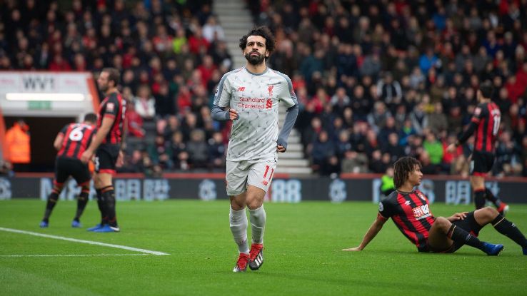 Mohamed Salah wheels away after a second goal for Liverpool in their Premier League game against Bournemouth.