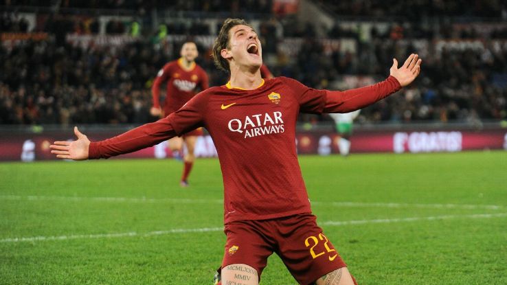 Nicolo Zaniolo celebrates after scoring in Roma's Serie A win over Sassuolo.