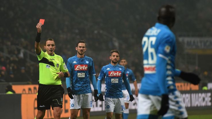 The sending-off of Koulibaly, foreground, was just the start of a grim evening at Inter vs. Napoli in Milan, a game that ended with the hosts getting a stadium ban and one fan dead following clashes outside the stadium.