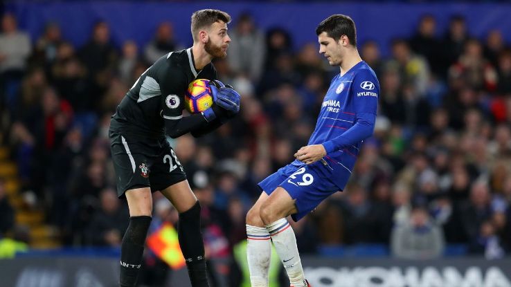 Angus Gunn and Alvaro Morata vie for the ball in Southampton's 0-0 Premier League draw at Chelsea.