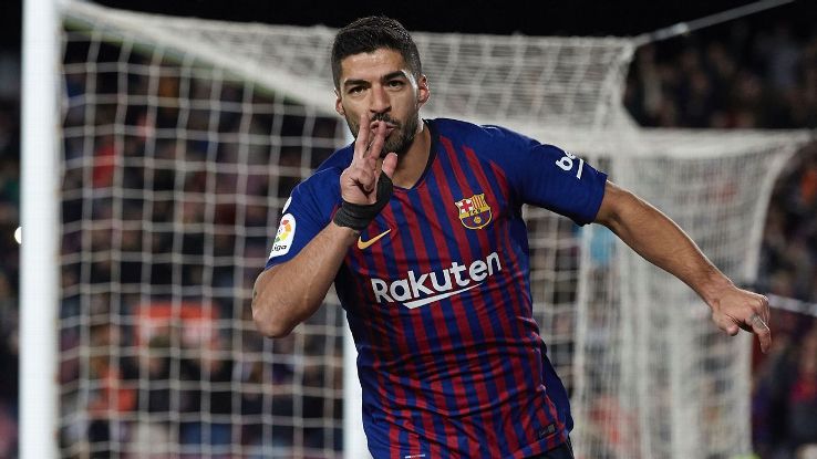 Luis Suarez celebrates as he scores his second and Barcelona's third in a 3-0 win over Eibar