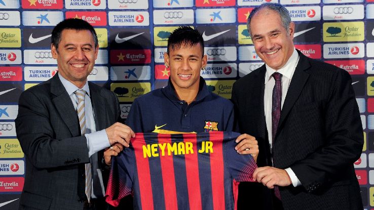 Neymar is presented after signing for Barcelona.