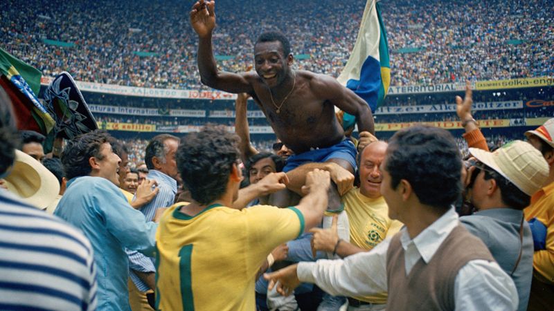 Brazil's Pele is hoisted on the shoulders of his teammates after winning the 1970 World Cup.