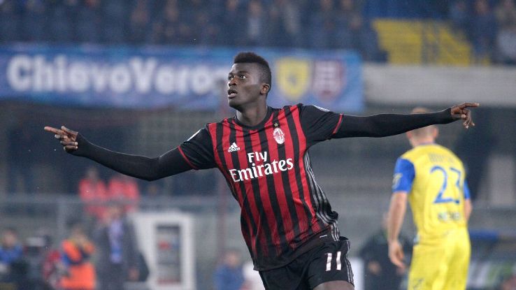M'Baye Niang of AC Milan celebrates after scoring in a win against Chievo Verona.
