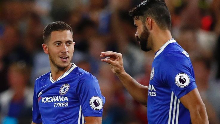 Britain Football Soccer - Chelsea v West Ham United - Premier League - Stamford Bridge - 15/8/16
Chelsea's Eden Hazard celebrates scoring their first goal with Diego Costa
Britain Football Soccer - Chelsea v West Ham United - Premier League - Stamford Bridge - 15/8/16
Chelsea's Eden Hazard celebrates scoring their first goal with Diego Costa