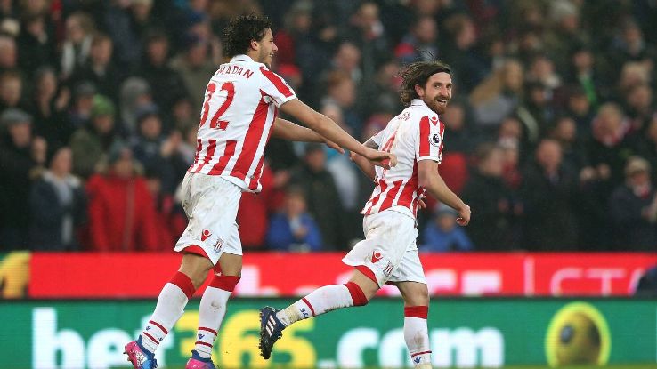 Joe Allen celebrates after scoring for Stoke on Saturday.