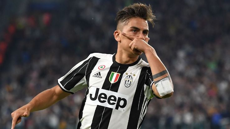 Paulo Dybala celebrates after opening the scoring for Juventus in a Champions League win against Barcelona.