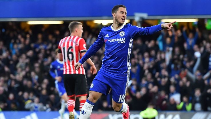Eden Hazard celebrates after opening the scoring for Chelsea in their Premier League match against Southampton on Tuesday.