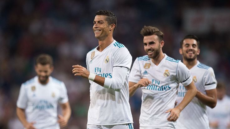 Cristiano Ronaldo celebrates after scoring a goal in a friendly between Real Madrid and Fiorentina.