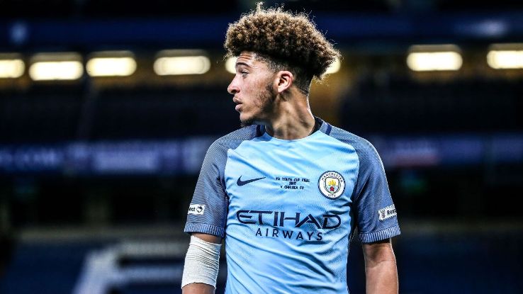 Jadon Sancho in action for Manchester City in the FA Youth Cup Final. 
