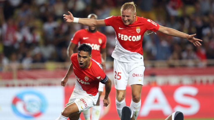 Falcao celebrates one of his two goals against Marseille on Sunday.