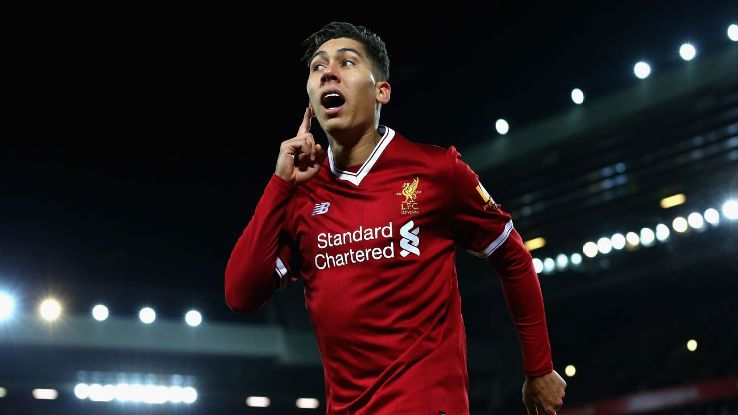 Roberto Firmino celebrates after scoring for Liverpool against Swansea.