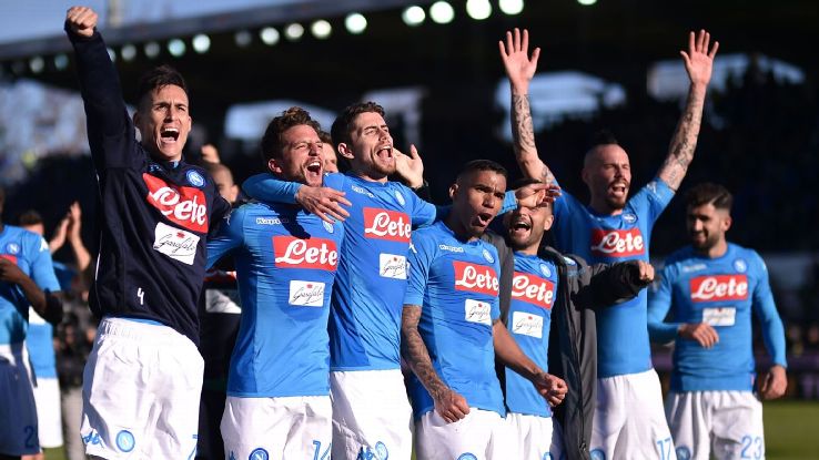 Napoli celebrate at full-time after beating Atalanta.