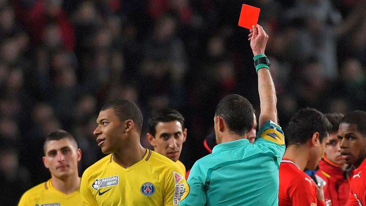 Kylian Mbappe saw red for the first time in his career at Rennes.