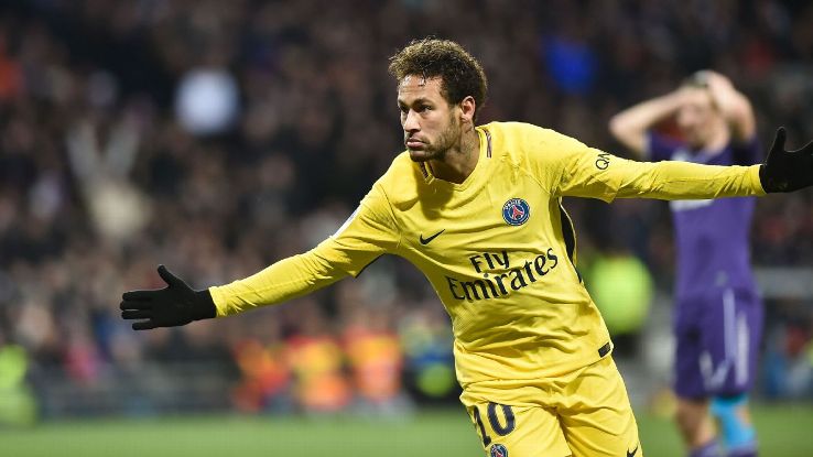 Neymar celebrates after scoring a goal for PSG in a win against Toulouse.