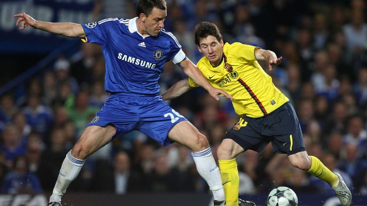 John Terry, left, battles Lionel Messi for the ball in a Champions League match between Chelsea and Barcelona. John Terry, left, battles Lionel Messi for the ball in a Champions League match between Chelsea and Barcelona.