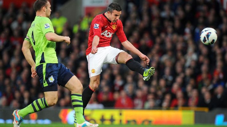 Robin van Persie scores for Manchester United during a Premier League game against Aston Villa.