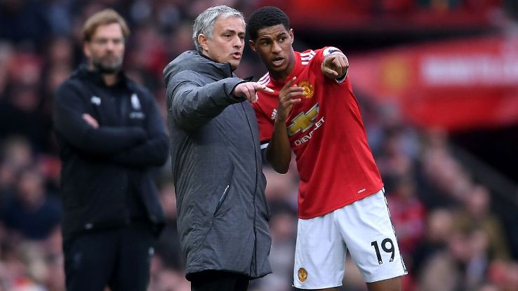 Jose Mourinho and Marcus Rashford during Manchester United's Premier League game against Liverpool at Old Trafford.