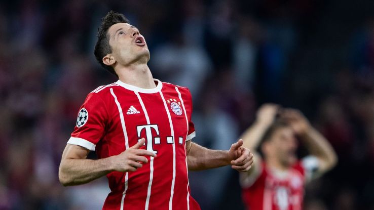 Robert Lewandowski reacts during Bayern Munich's Champions League defeat to Real Madrid.
