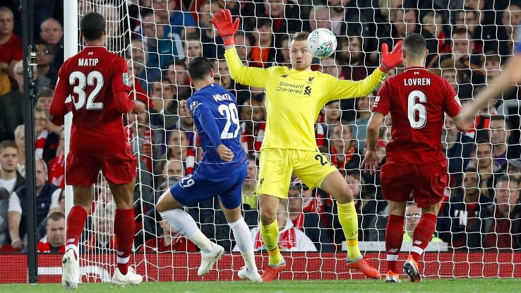 Chelsea's Alvaro Morata has an attempt on goal saved by Liverpool goalkeeper Simon Mignolet.