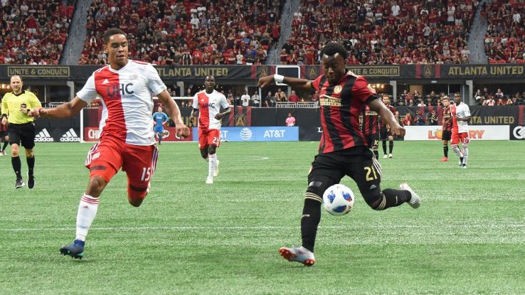 Atlanta United defender George Bello scores a goal against the New England Revolution.