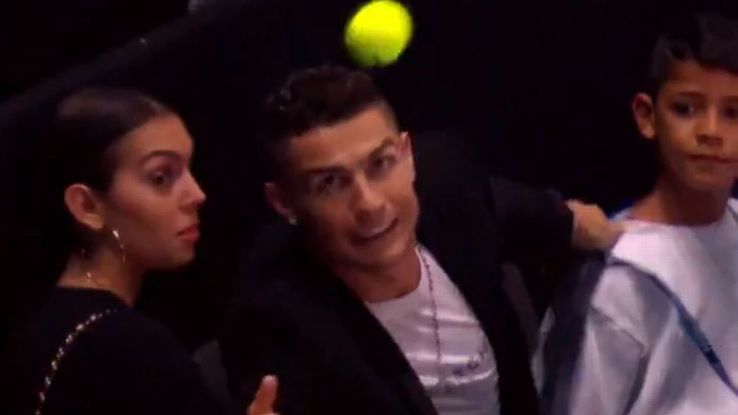 Cristinao Ronaldo is far more skilled with his feet than his hands, if footage of his attempted catch at the ATP Tour finals is anything to go by.